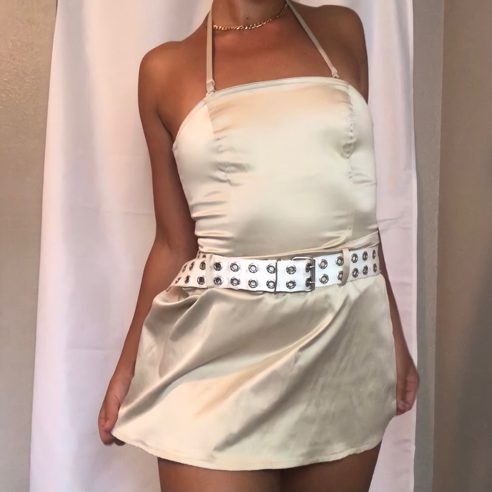 Y2K Shiny Gold Drop-waist Belted Party Dress 🥂